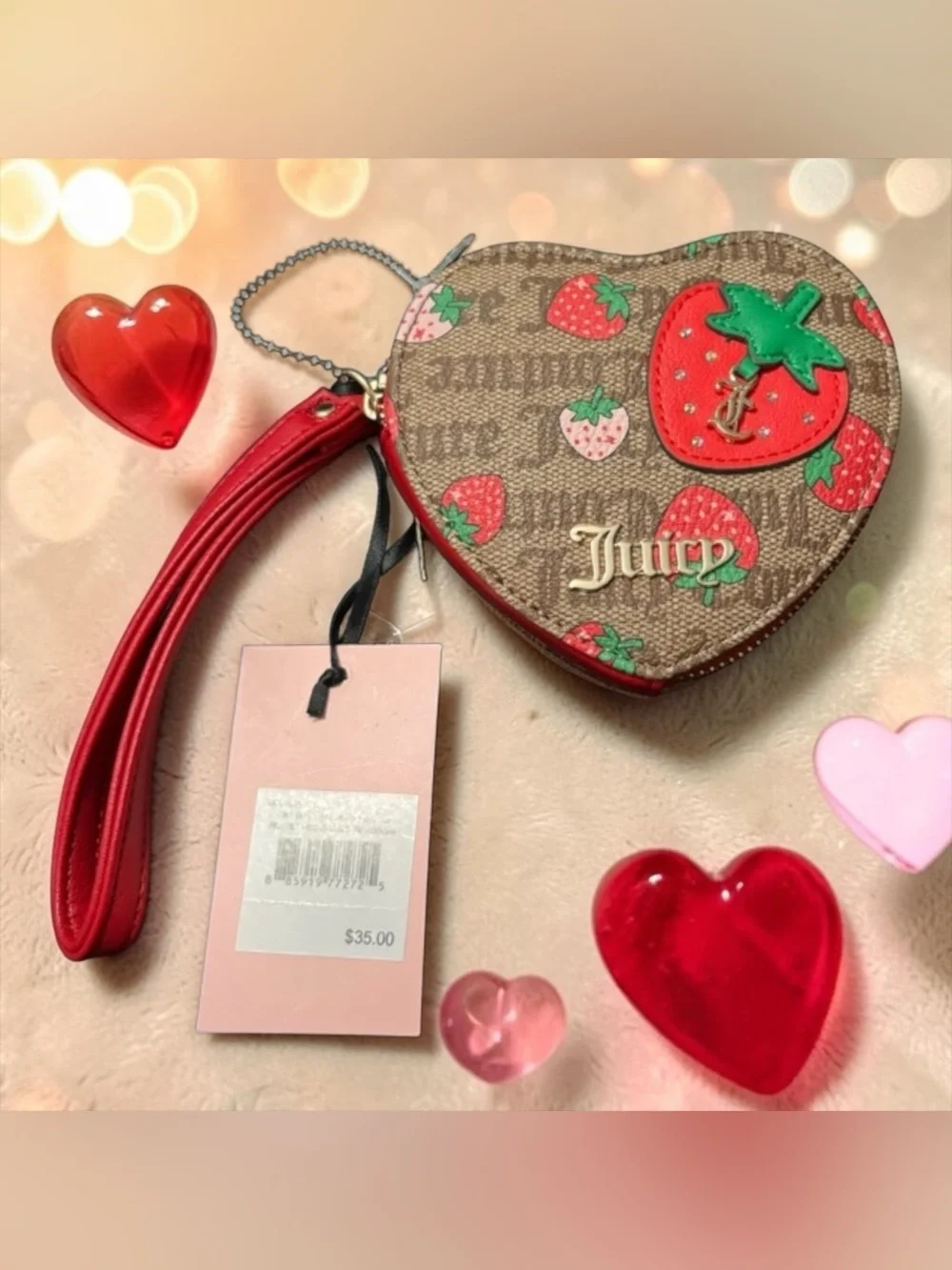 Juicy Couture NWT Pink Heart Zip-Around Wristlet w Red Strap